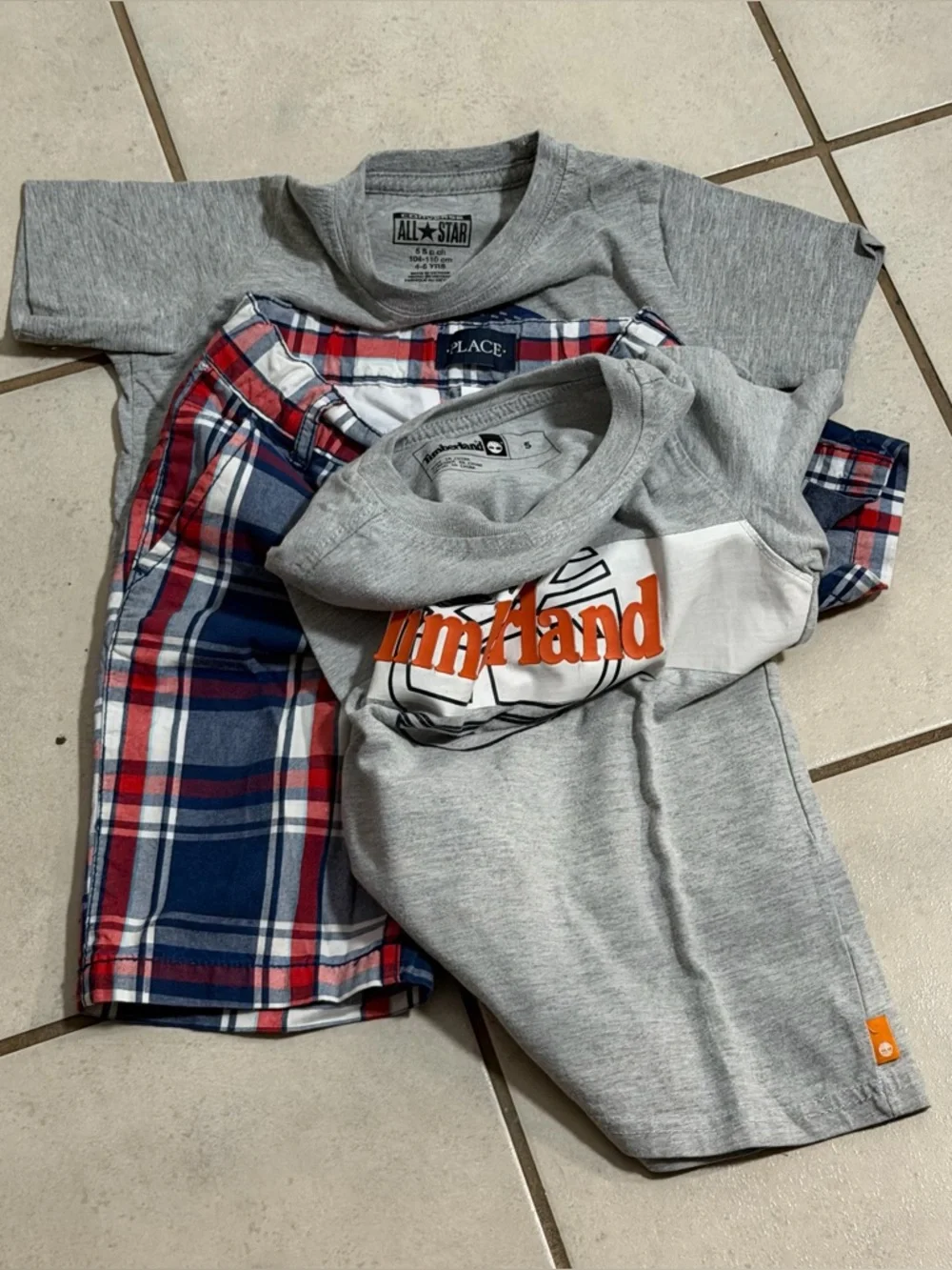 Converse, Timberland, Children’s Place Kids Boys Gray Logo Tees, Shorts size 5-6